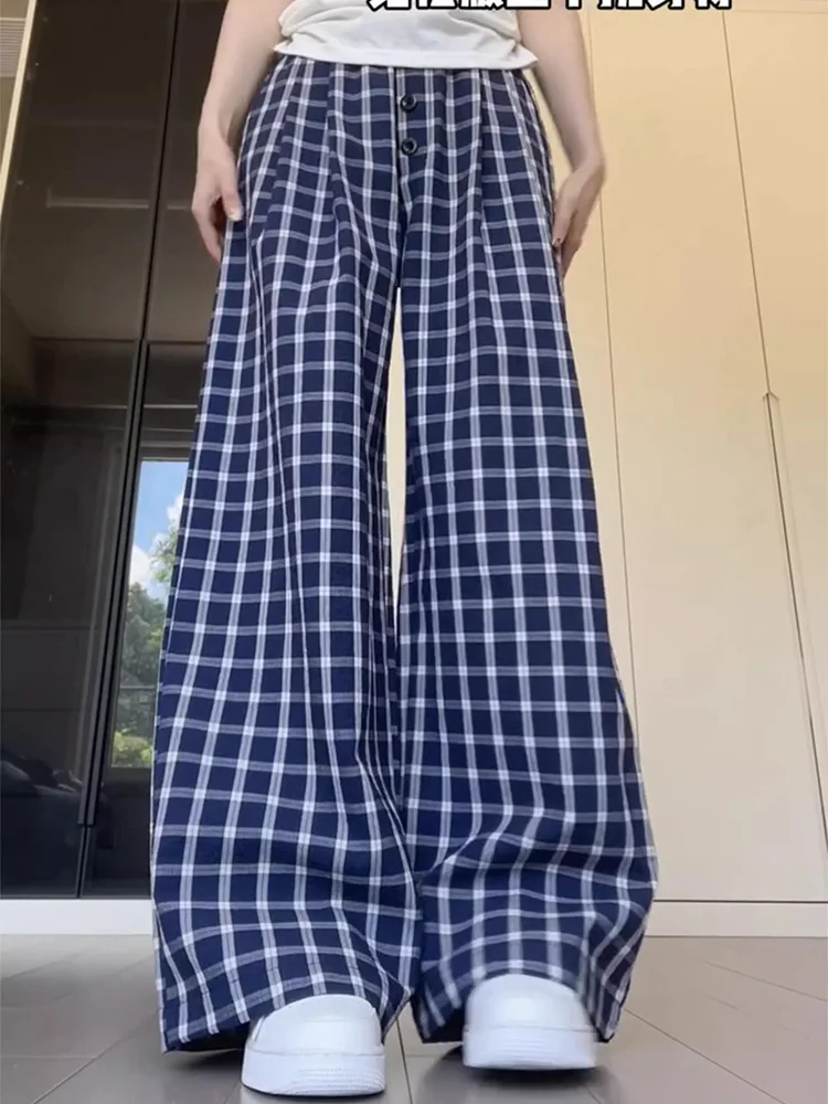 Blue Vintage Plaid Loose Straight pants Women's Summer High Waist Korean Loose Wide Leg Trousers Casual Streetwear Pockets Pants