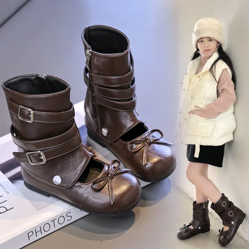 New Trend Toddlers Leather Boots for Girls Ballet Style Kids Fashion Princess Boots Causal Versatile Children's Mid-calf Boots