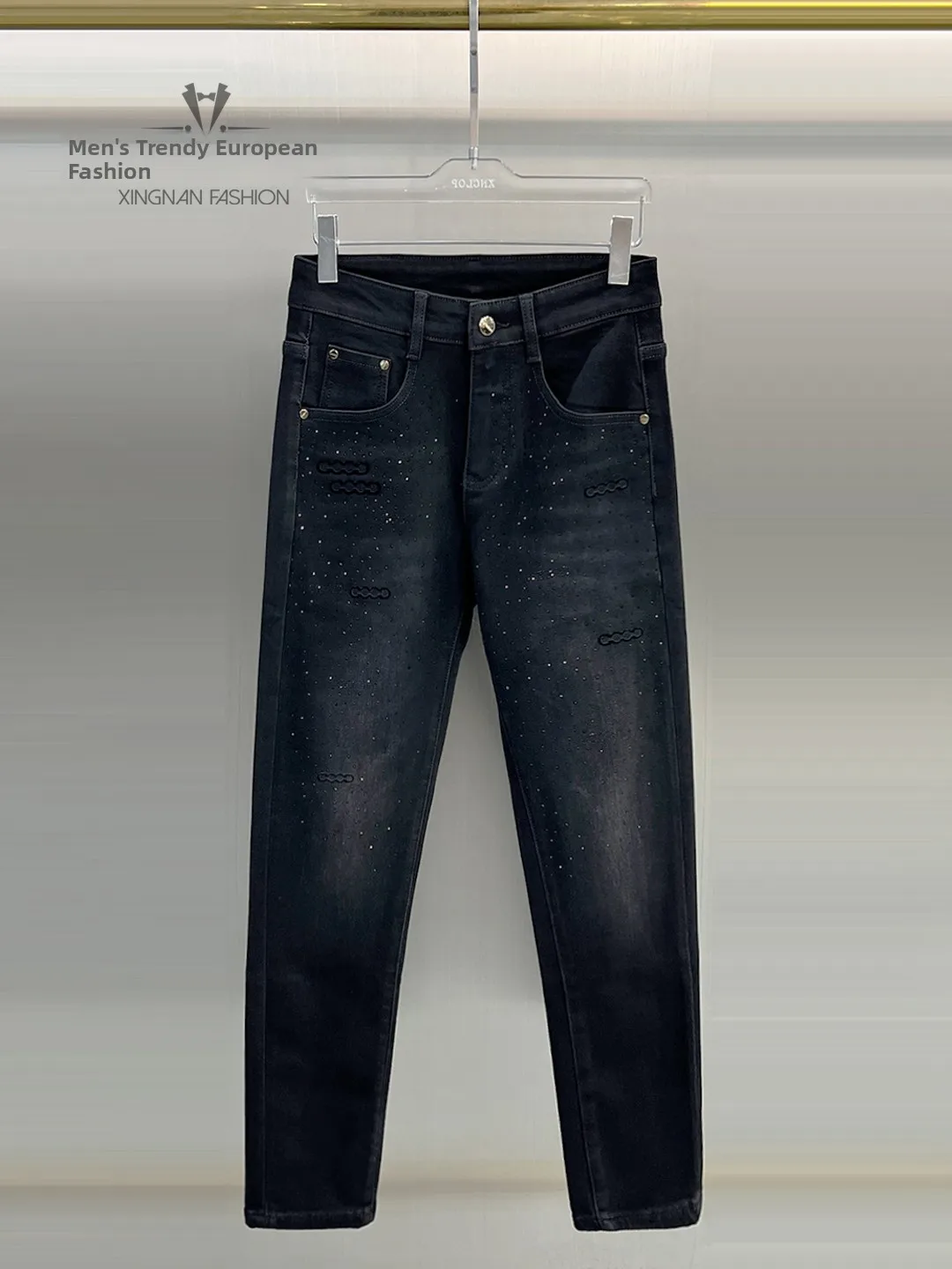 

Fashionable Men's Winter Jeans with Printed Rhinestones Fleece Lined Slim Fit Straight Leg Zipper Closure Comfortable Jeans