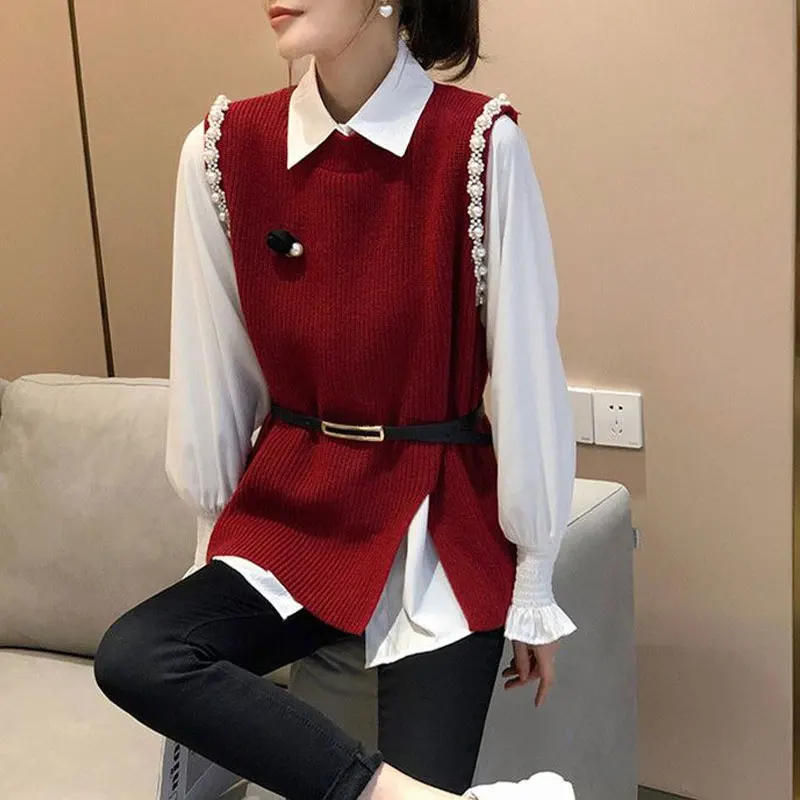 

Female Polo-Neck Shirt Two Piece Set Knitted Vest Spring Autumn Fashion Sashes Pearl Three-dimensional Decoration Korean Blouse