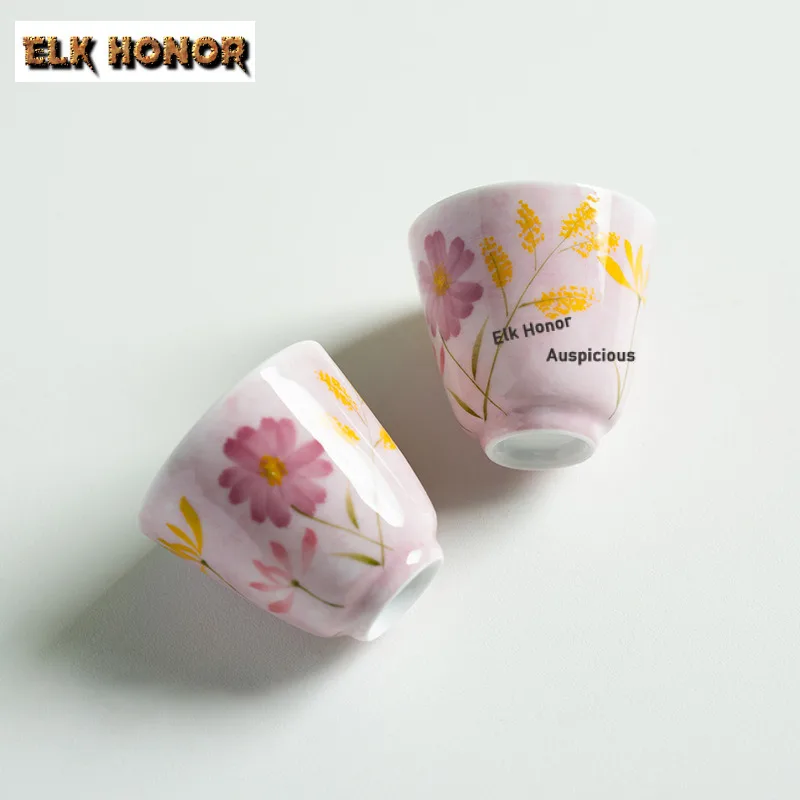 2pc/lot 35ml Pure Hand-painted Blossom Flower Teacup Tea Bowl Tea Pair Tea-tasting Smelling Cup Chazhan Master Cups Tea Services