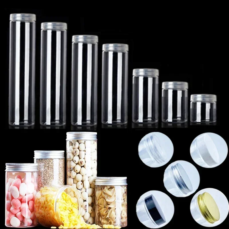 5Pcs100ml-420ml Clear Plastic Jars With Aluminum Lids Reusable Containers Straight Cylinders Jar For Dry Cargo Nuts Candy Jams