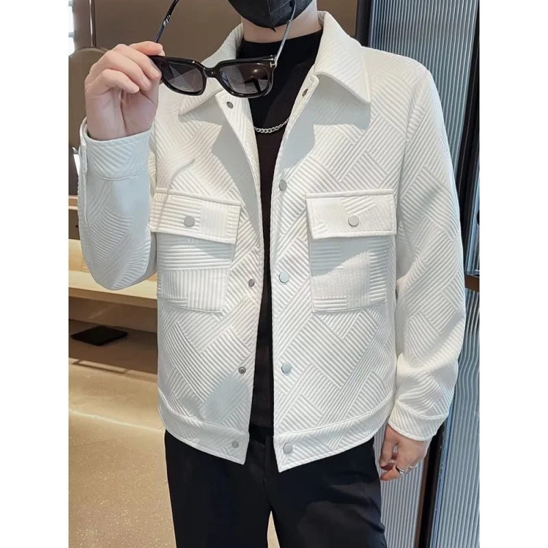 Autumn Men Slim Fit Casual Hafiz Top Pure Color Trendy Top Single Row Button Long Sleeve Fiber Mixed Fabric Urban Style