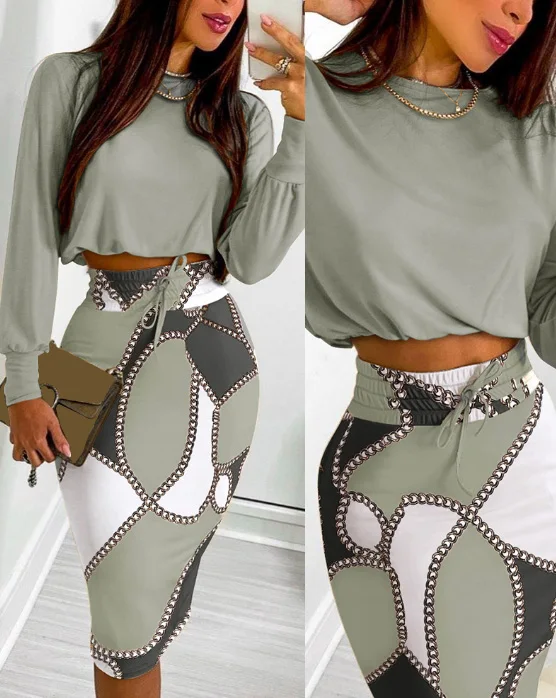 Two Piece Set Women Outfit Spring Fashion Chain Print Casual Round Neck Long Sleeved Crop Top & High Waist Drawstring Skirt Set