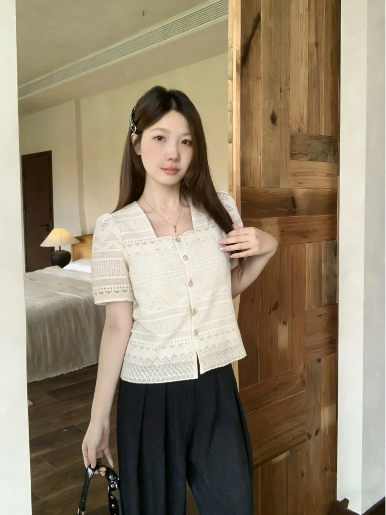

Slimming Short Sleeve Hollow out Square Collar Shirt Women's Fashionable Summer New plus Size Breathable Korean Style Top