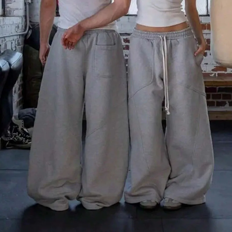Women Drawstring Elastic Waist Wide Leg Sweatpants Loose Baggy Hip Hop Streetwear Trousers Solid Color Casual Oversized Long
