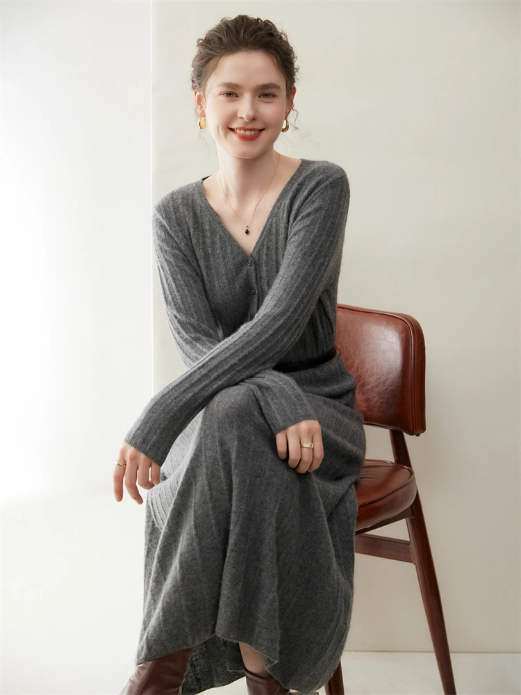 

Women V-neck Cashmere Sweater Dress Pullover A-Line Pleated Long Dress 100% Cashmere Knitwear Autumn Winter Slim Fit Soft Skirts