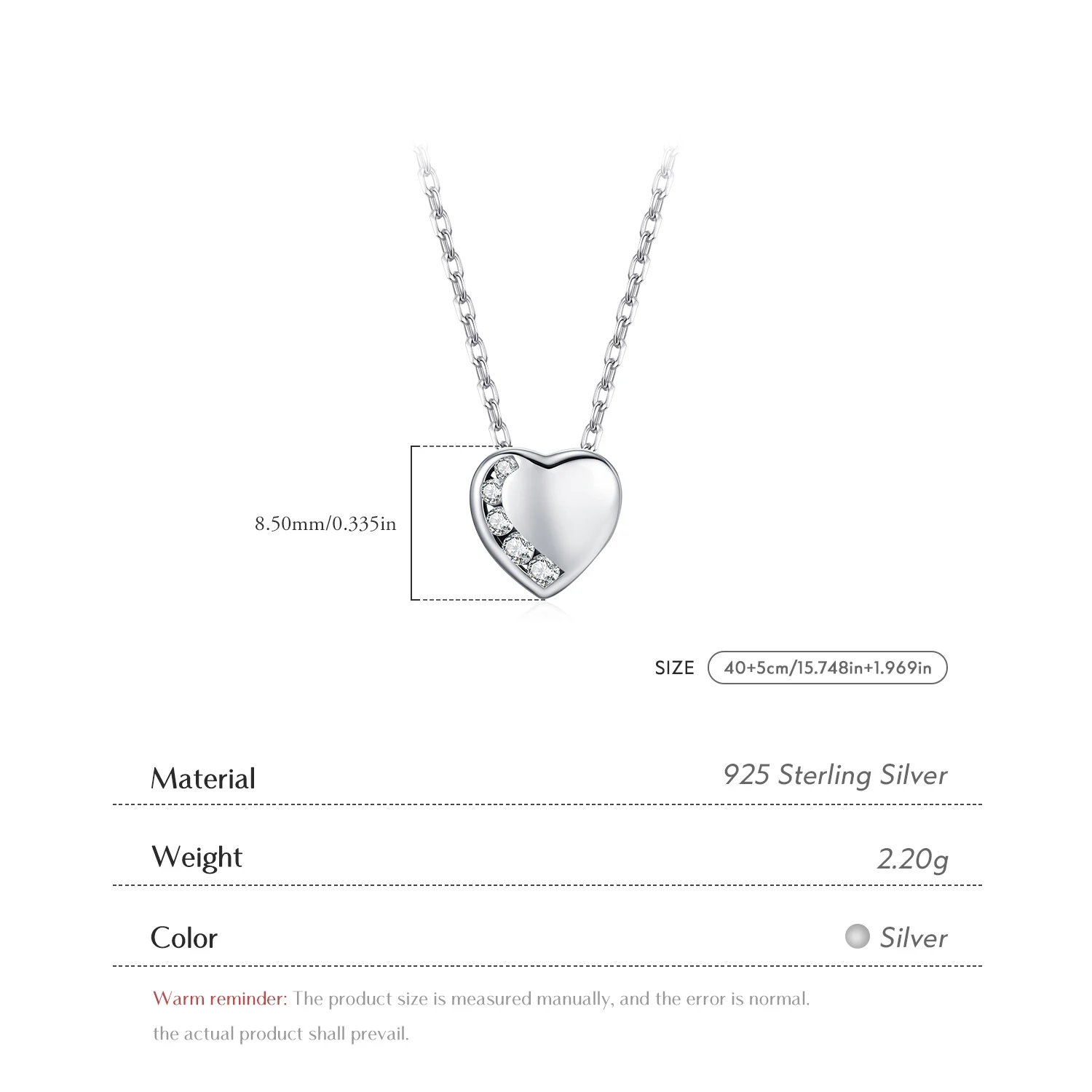 YANLOK 925 Sterling Silver Fashion Simple Heart Pendant Necklace Sparkling Clear CZ Necklace For Women Fine Jewelry