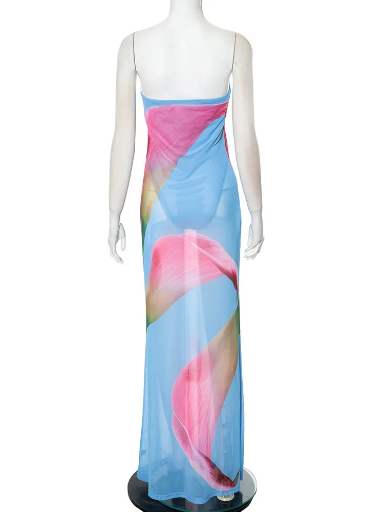 SKMY เสื้อผ้าผู้หญิง 2025 ใหม่แฟชั่นดอกไม้พิมพ์ชีฟองปลอม 2 ชิ้น Bodycuist ชุดราตรียาวชุดปาร์ตี้ Clubwear