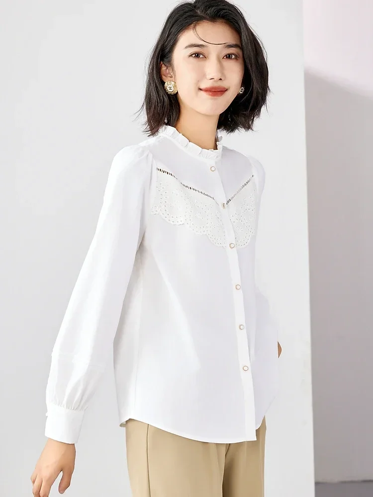 Vimly Ruffled Collar Women\'s White Shirts 2023 Autumn Hollow Out Lace Puff Sleeve Lyocell Cotton Blend Elegant Lady Shirt M2538