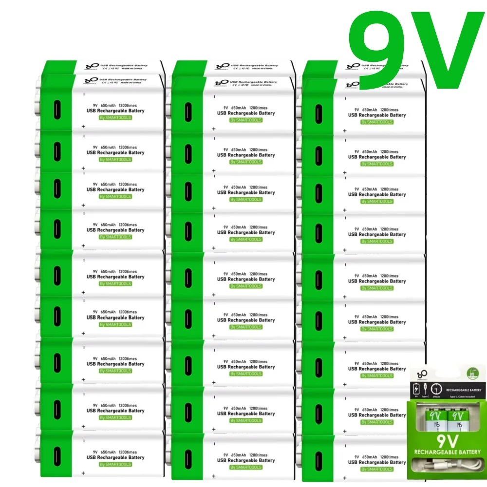 9V Lithium Ion Rechargeable Battery Type-C USB Battery 9V Multimeter Lithium Microphone Metal Detector Cable Remote