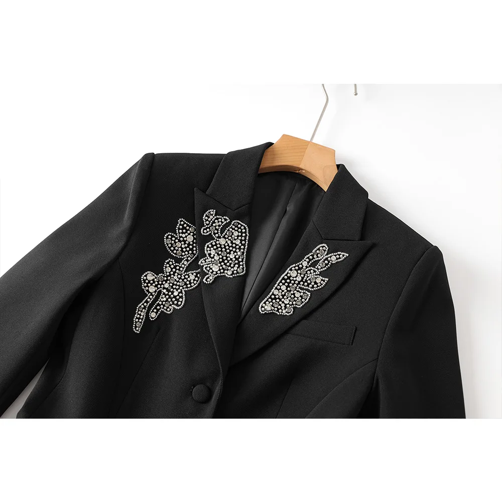 تخصيص أسود اثنين زر حبة صورة ظلية الخصر cinching دعوى سترة عالية الجودة المرأة الأعلى #2