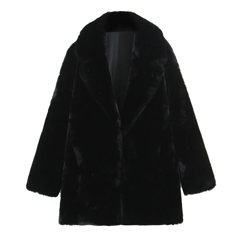 

Women's Coat 2025 Winter New Black Long-Sleeve Faux Fur Effect Loose Warm Overcoat Stylish and Elegant