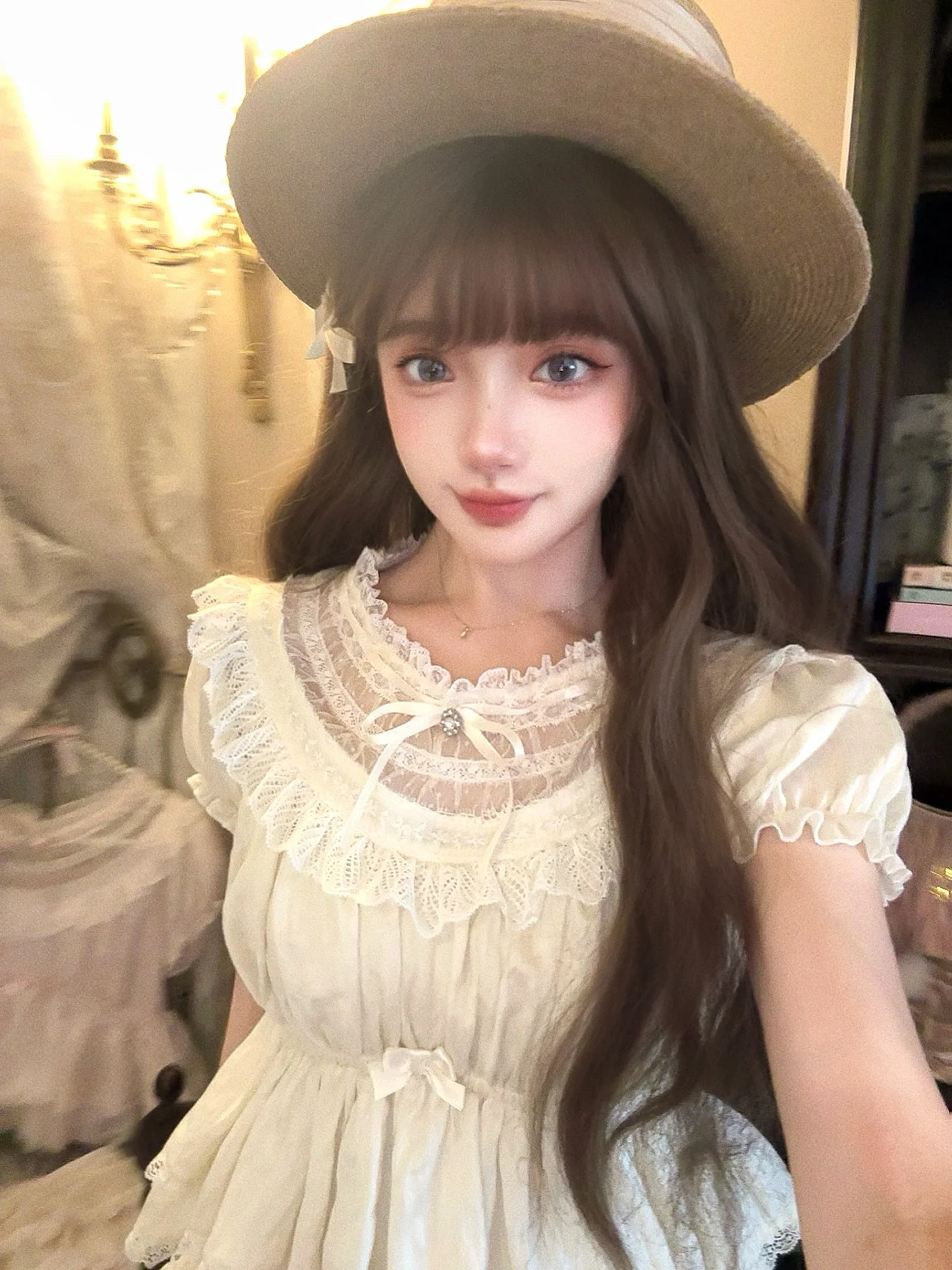 

Пышная юбка Bobon2 Antique Doll irt T248 с кружевом, высокой талией и рукавами-фонариками для свиданий и повседневной носки