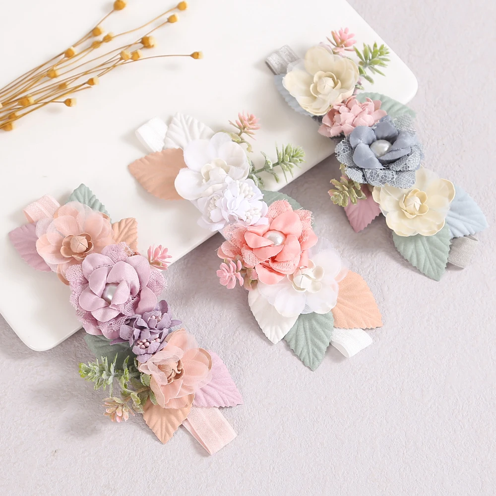 3Pcs/Lot Elastic Baby Hair Accessories Cute Princess Floral Newborn Girl Headband Handmade Pearl Flower Heart Hair Bands For Kid