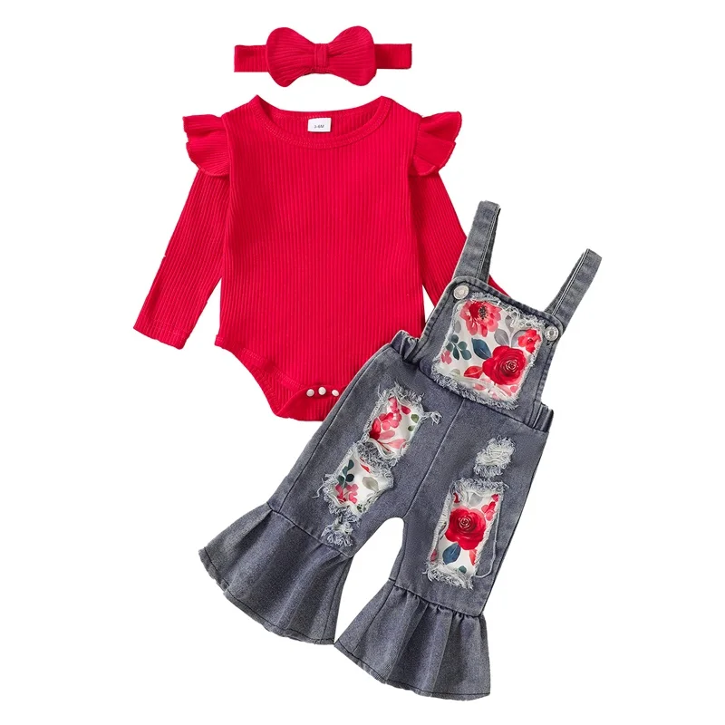 0-18months Baby Girl 2pcs Spring Fall Outfits Long Sleeve Ruffle Romper + Floral Denim Overalls Clothes Set For Infant Girls