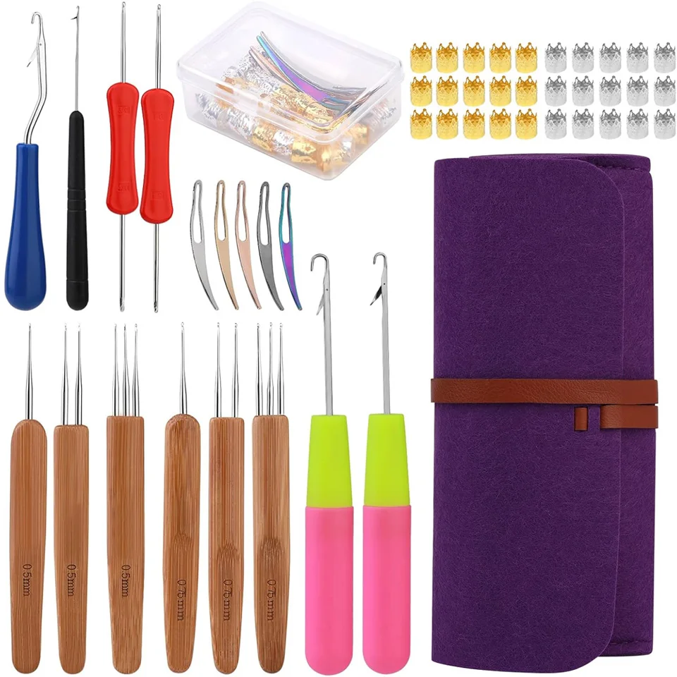 

Zxiixz 47 шт., инструмент для вязания крючком с дредами, изогнутый крючок разных размеров, игла для вязания крючком для плетения волос с футляром