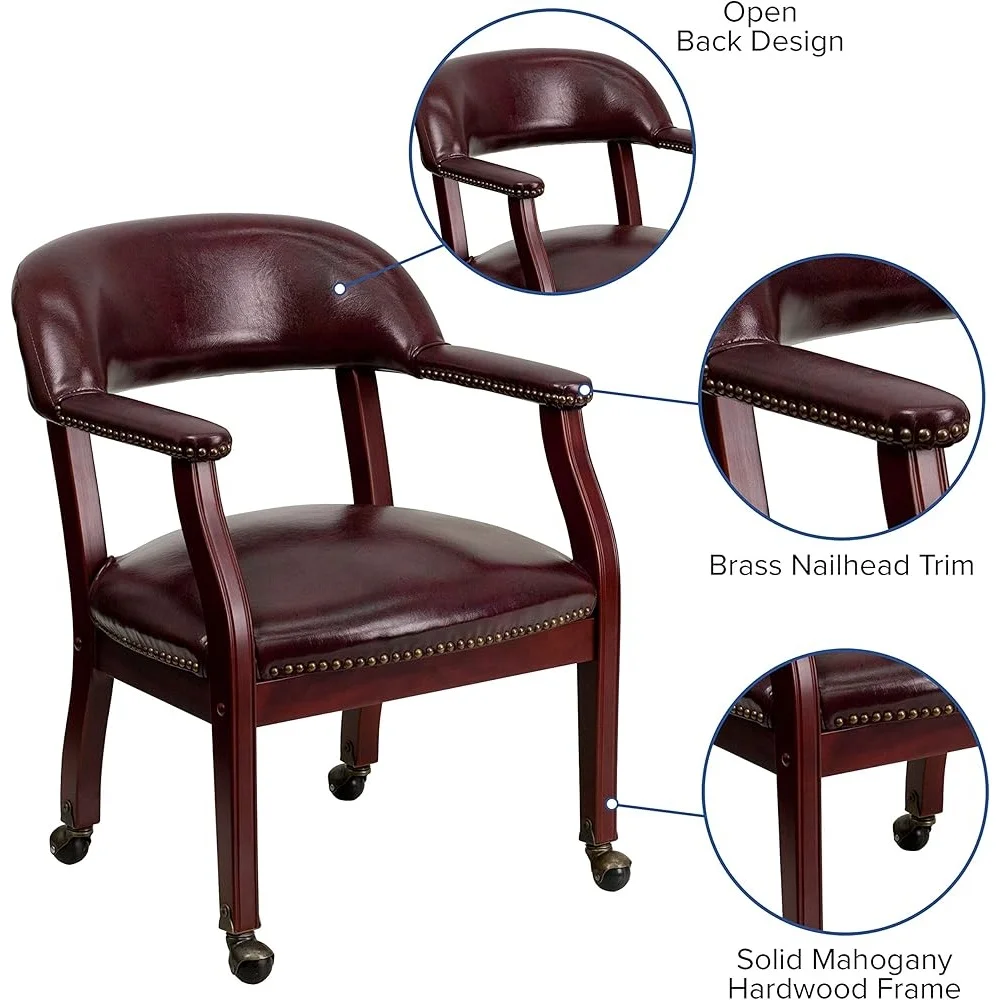 Luxurious Vinyl Conference Chair Casters Solid Mahogany Frame Durable Classic Design Ideal Office Library Waiting Area