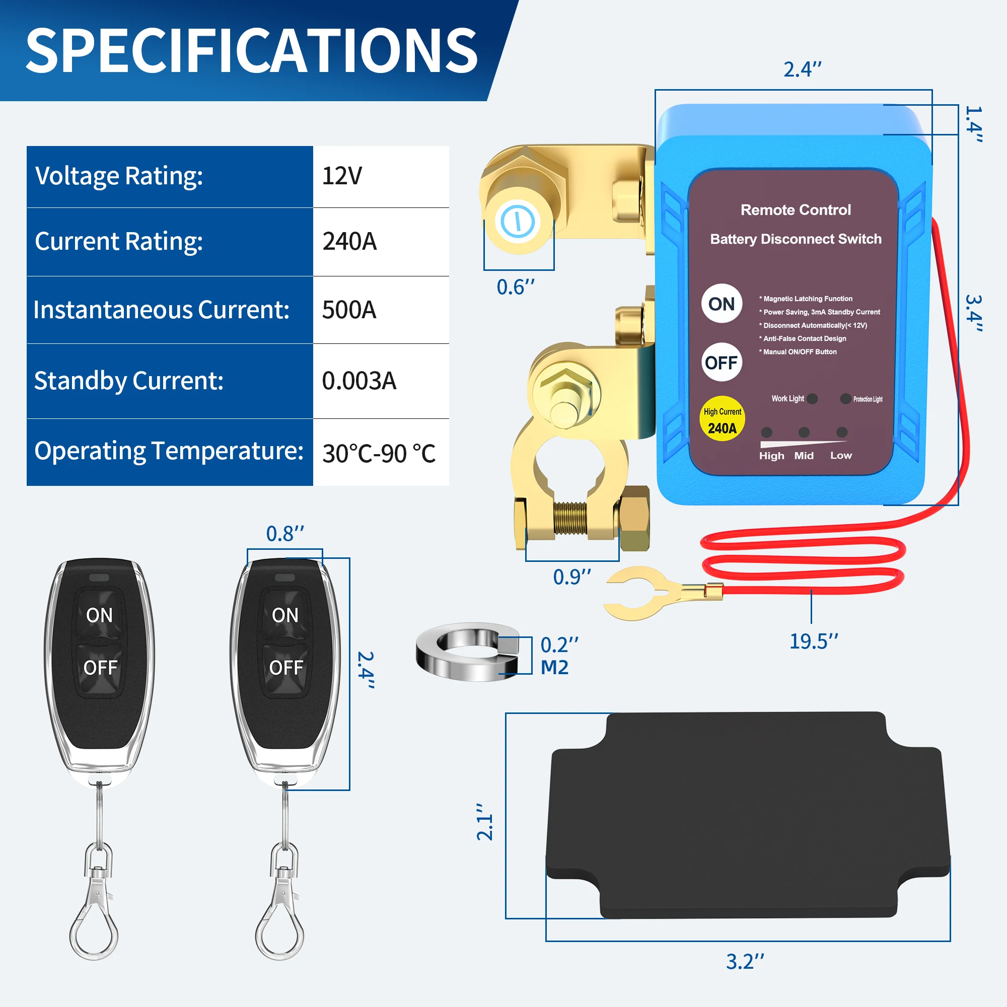 DaierTek Remote Battery Disconnect Switch 12V 240A Kill Switch Automatic Power Shut Off Switch Remote Control Switch for Auto