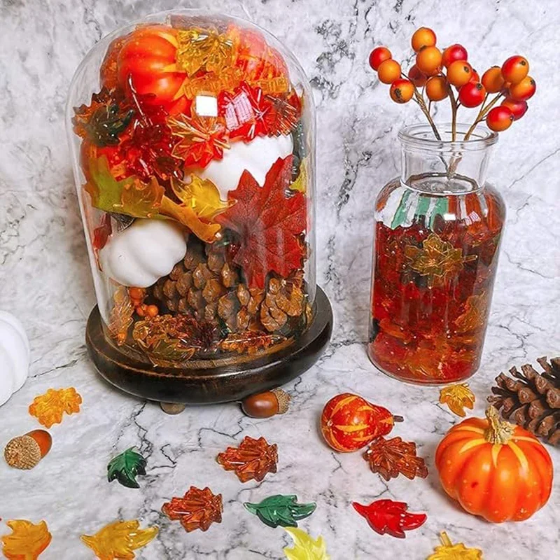 50PCS-Mini Maple Leaf, Branch and Pumpkin Autumn Decorations, Pumpkin and Maple Leaf Vase Fillers for Thanksgiving and Party