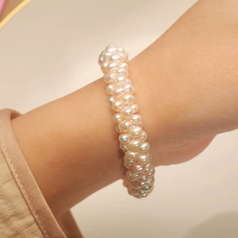 100% Natural Freshwater Pearl Sweater chain bracelet  hand-woven Necklace Bracelet Sets 14K gold filled magnetic buckle 45cm NC