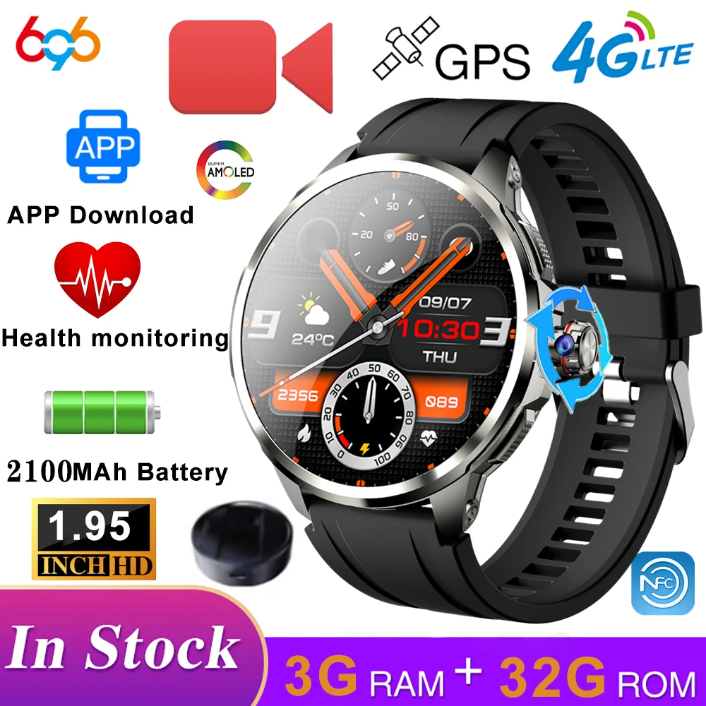 2100mAh Rotating Camera 4G Video Call Smart Watches Men Heart Rate Blood Oxygen Health GPS Wifi Sports Waterproof Smartwatch NFC