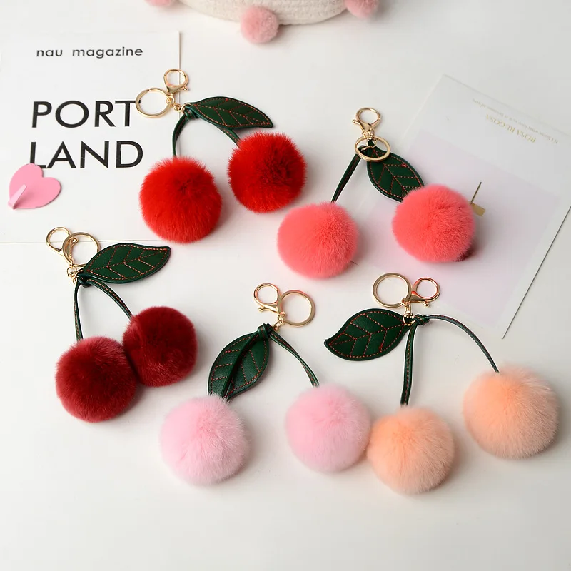 New Otter Rabbit Hair Cherry Multi-color Car Keychain Pendant Cute Pompom Doll Doll Bag Bag Hanging Key Chains for Women Gift