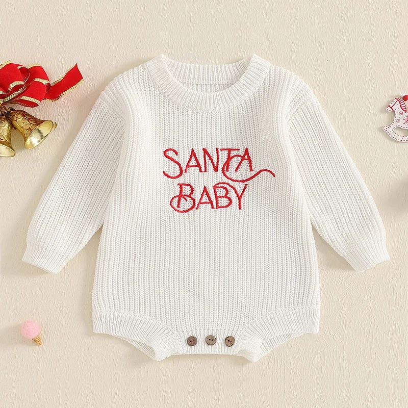 VISgogo 0-18 Months Baby Sweater Romper Long Sleeve Round Neck Letter Embroidery Knit Bodysuit Newborn Christmas Outfit