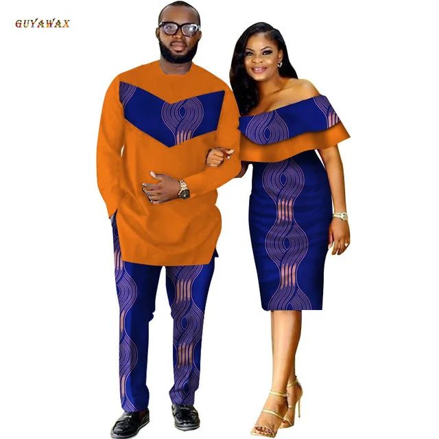 2 Piece Set African Dashiki Print Couple Clothing for Lovers Men Top Pant Set and Women Ruffle Sleeve Bodycon Dress Dashiki 6XL 