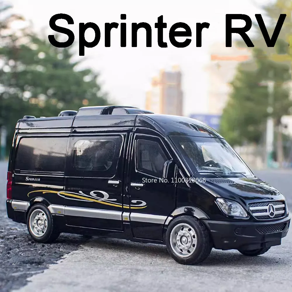 

1:32 Benz Sprinter RV Модель игрушечного автомобиля из сплава, литой под давлением MPV, звуковой свет, 5 дверей, открытые откатные автомобили для кемпинга, рождественский подарок для детей