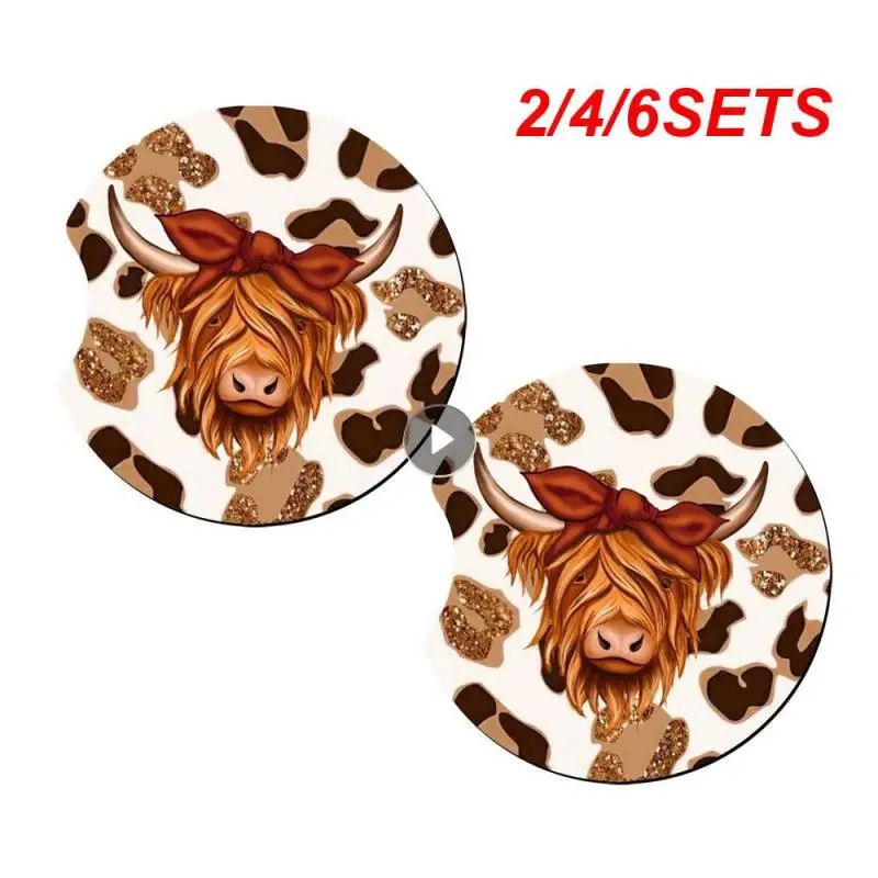 2/4/6SETS Farm Style Coaster Wooden Coasters Cup Mat Non-slip Heat Protection Cow