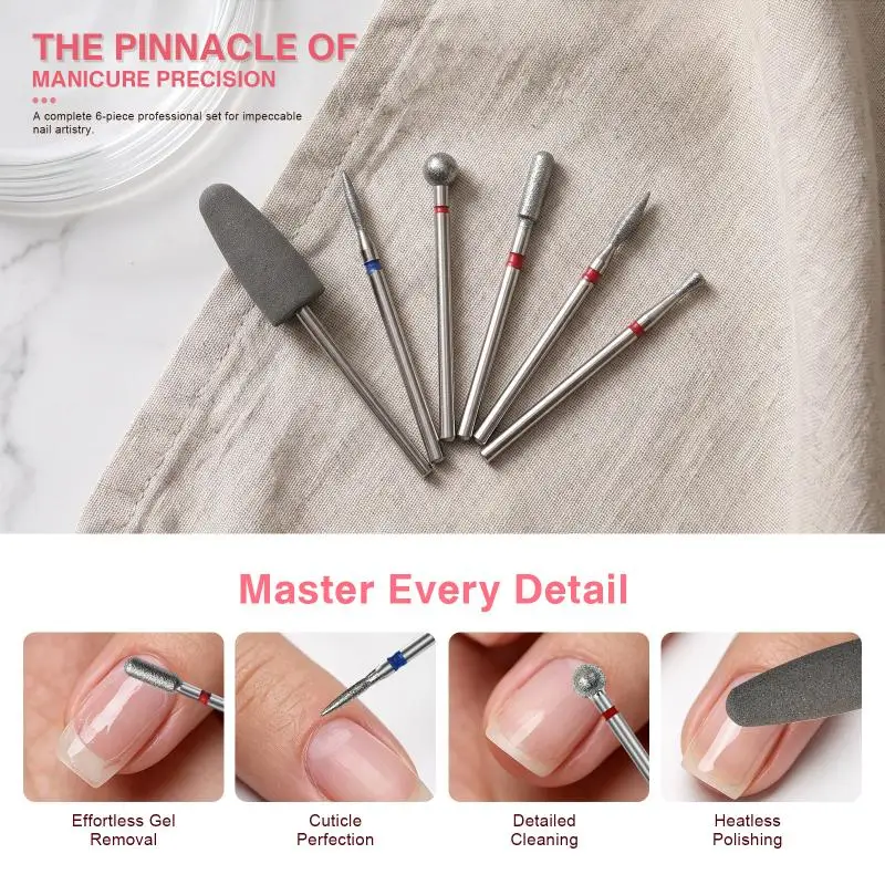 6Pcs Electric Manicure Set Diamond Sand Nail Files Drill Cuticle Polishing Bit Nail Grinding Head For Removing Acrylic