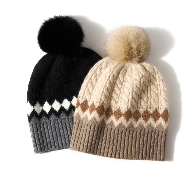 ZYCZCXX Natural Cashmere Hat for Women Winter New Outdoor Pompoms cap Knitted Striped Jacquard Beanies Hats Soft Keep Warm Cap