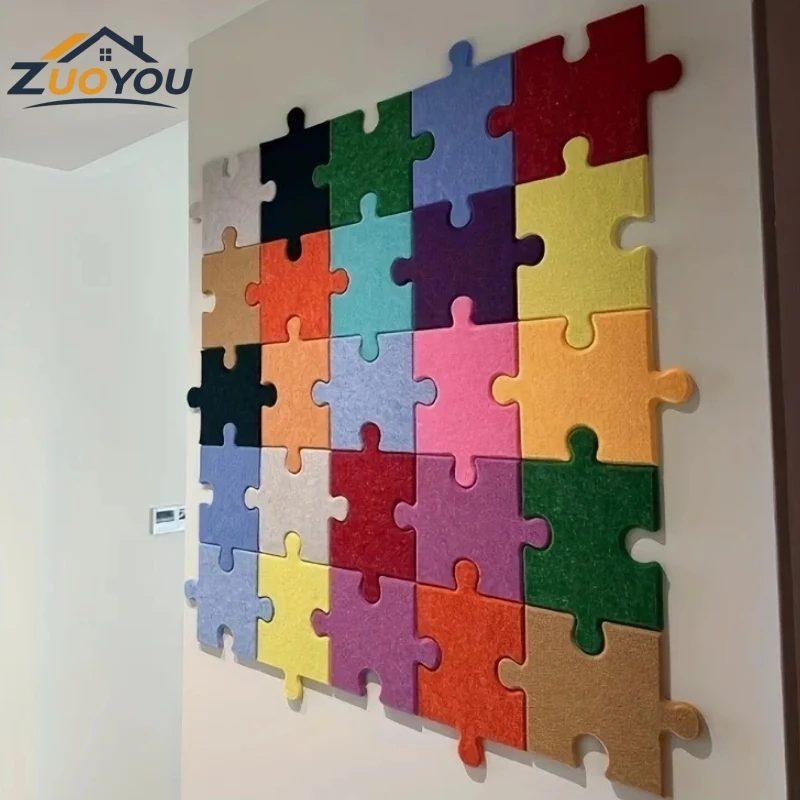 Colorful Puzzle Felt Acoustic Panels Self Adhesive Peel & Stick Sound Absorbing Wall Tiles DIY 3D Decor for Kids Room Wall Board