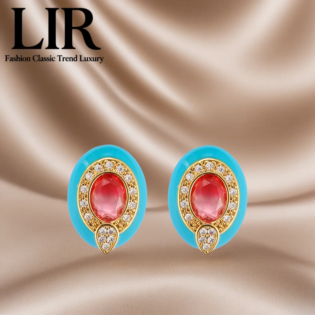 

LIR Vintage Glazed Enamel Earrings: Blue Rim Red Glass Circle, Colorful, Versatile Styles, Trendy Women's Jewelry