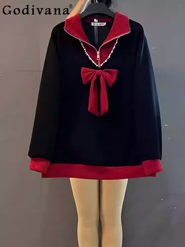 

Plus Size Fashion Women's Turn-down Collar Sweet Bow Long Sleeve Top Classic Solid Color Simple Loose Age-reducing Korean Tops