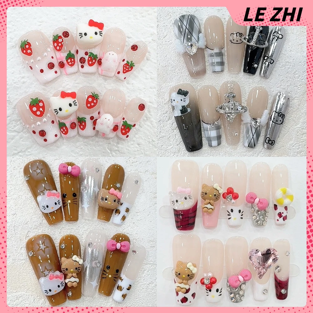 Cute Hellokitty Fake Party Nails Sticker Leopard Print Bows Design Handmade False Nail Sweet Girl Acrylic Party Nail Sticker