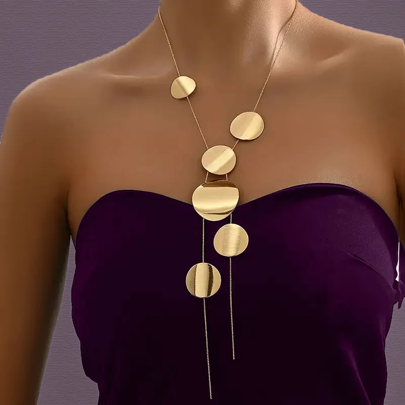 

Creativity Trendy Geometric Metal Round Discs Long Pendant Necklace for Women Personality Exaggeration Party Collar Jewelry Gift