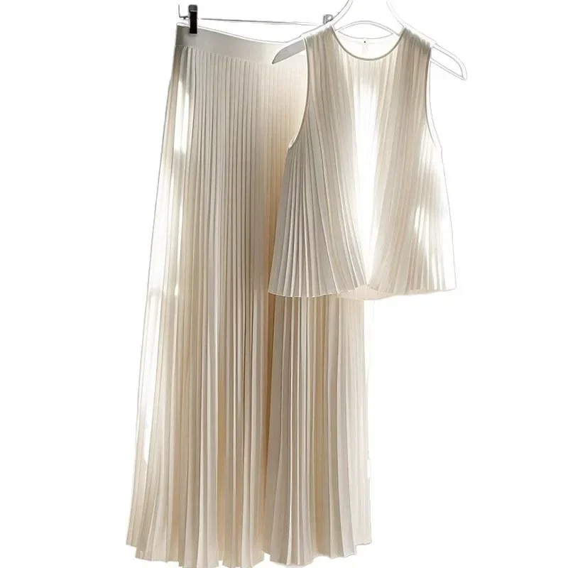 

Элегантный плиссированный женский комплект из двух предметов, лето 2023, новый высококачественный топ, юбка, юбка до щиколотки