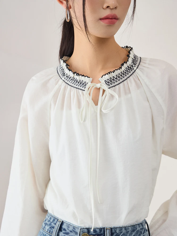 ZIQIAO 【Shirt + suspenders】Two Piece Set Raglan Sleeve Women White Long Sleeve Shirt Office Lady French V-neck Tie Solid Shirt