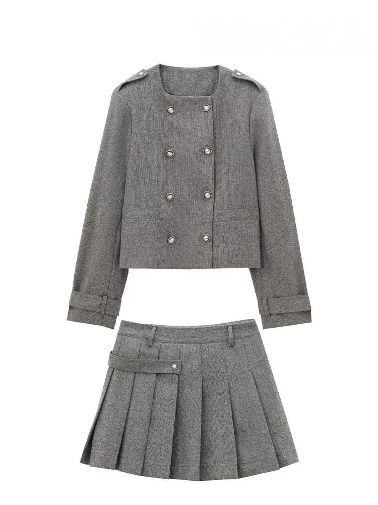 TRAFZA Damen-Rock, 2-teiliges Set, weiblich, neue Modeserie, einreihige Wollmischung, Jacke + eleganter, schlanker Reißverschluss, breiter Saum, Faltenrock