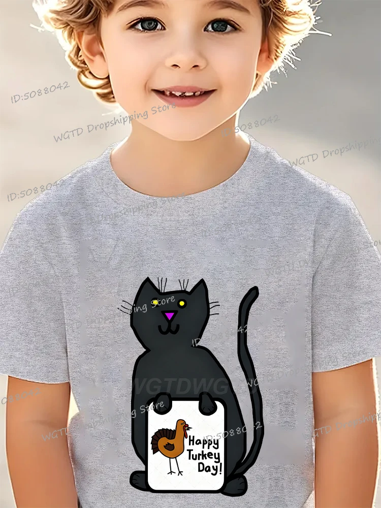 

3-12Years Kids Clothing Happy Thanksgiving Turkey & Cat Graphic Short Sleeve T-Shirt 2025 New Boys Girls Crewneck Cotton Tees