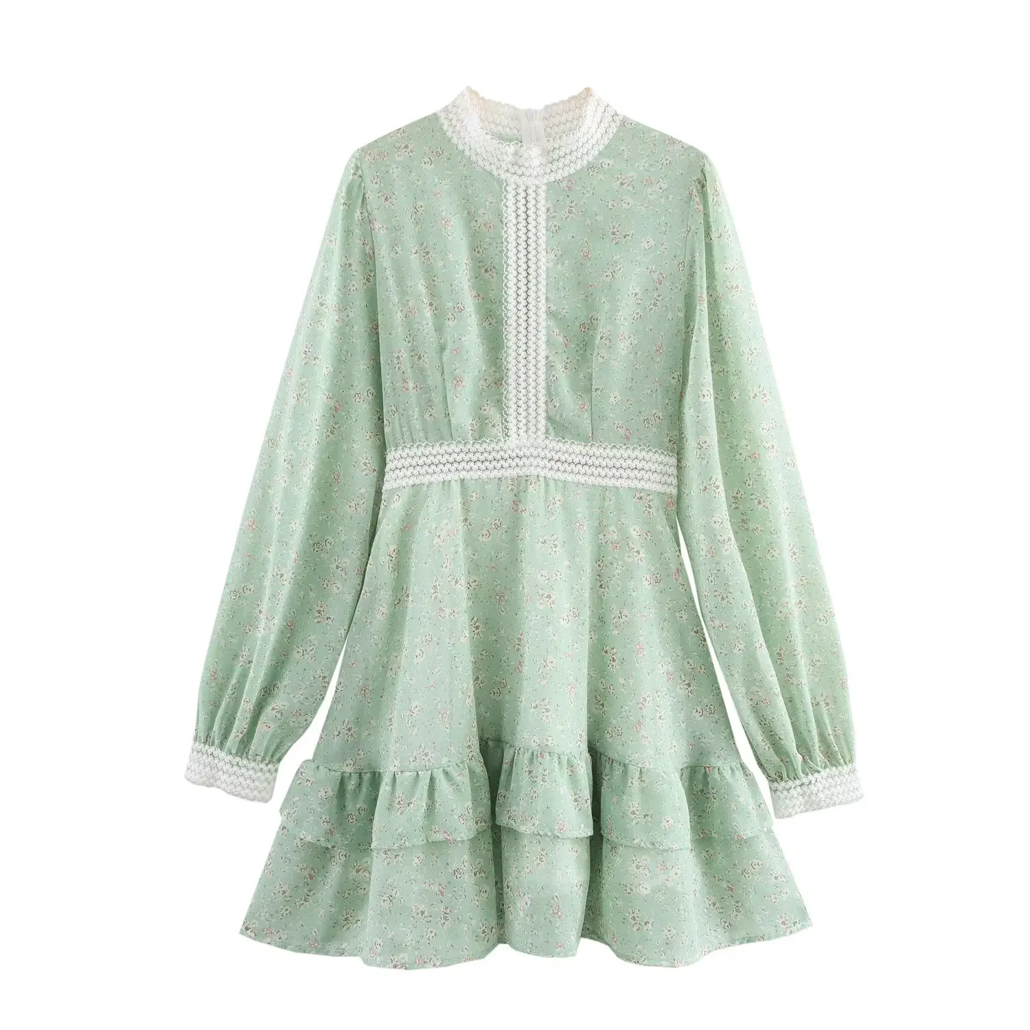 2025 خمر تقسم الدانتيل الأزهار طباعة نفخة الأكمام فستان قصير من الشيفون امرأة الخصر النحيف ألف خط هيم فساتين الصيف الصغيرة رداء #3