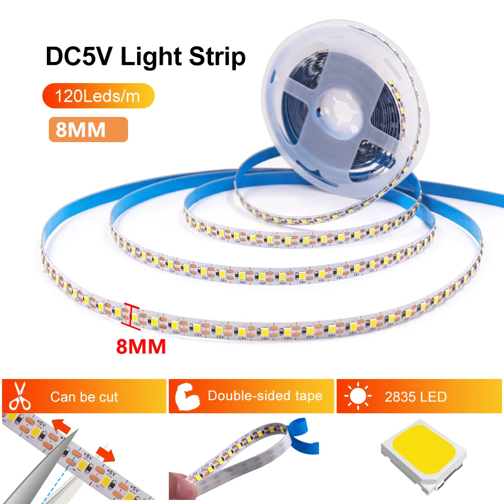 3MM 5MM 8MM USB LED Strip Lights DC 5V 2835 120LEDs/m Flexible LED String Light Diode Tape White Warm White LED Lights For Room