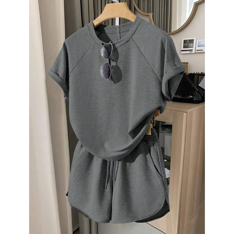 

INAWLY Women's Solid Color Crewneck Casual Raglan Short Sleeve Top And Shorts Set Summer