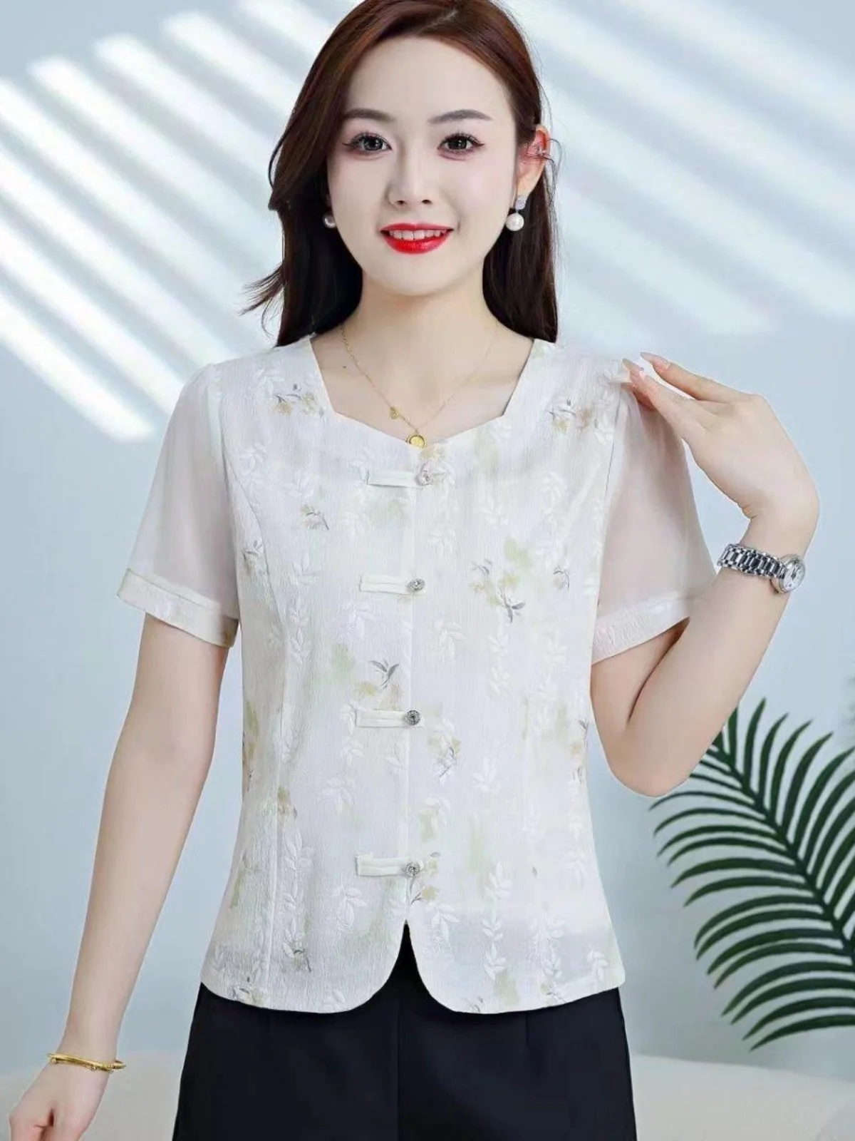 

Young Mom's Fashion New Chinese Style Short Sleeve Women's Shirt Summer Wear Chiffon Top Print Design Loose Fit round Neck