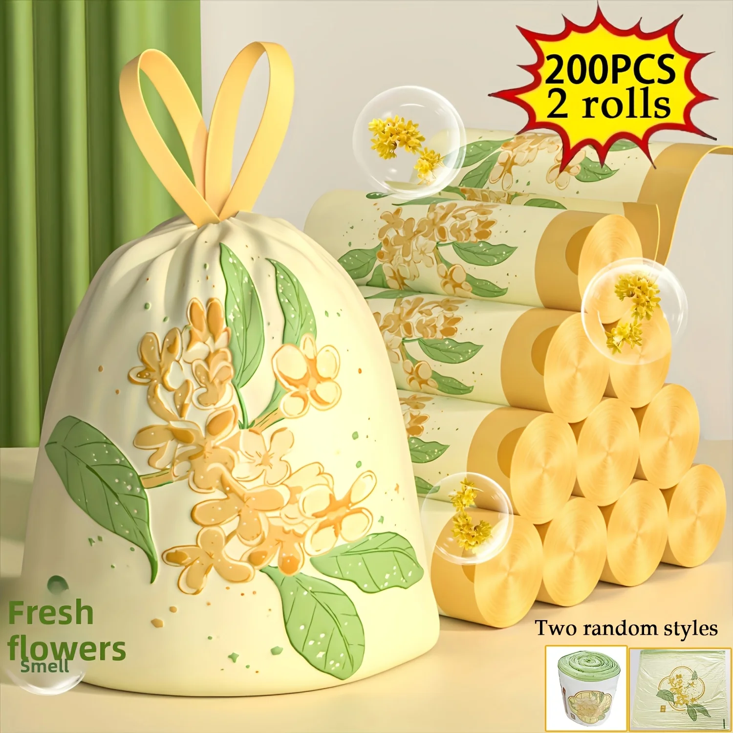 150/200 Stück Müllsäcke, großer Osmanthus-Duft, Kordelzuggriff, robuster Müllsack für Küche, Büro, Restaurant, Wohnzimmer