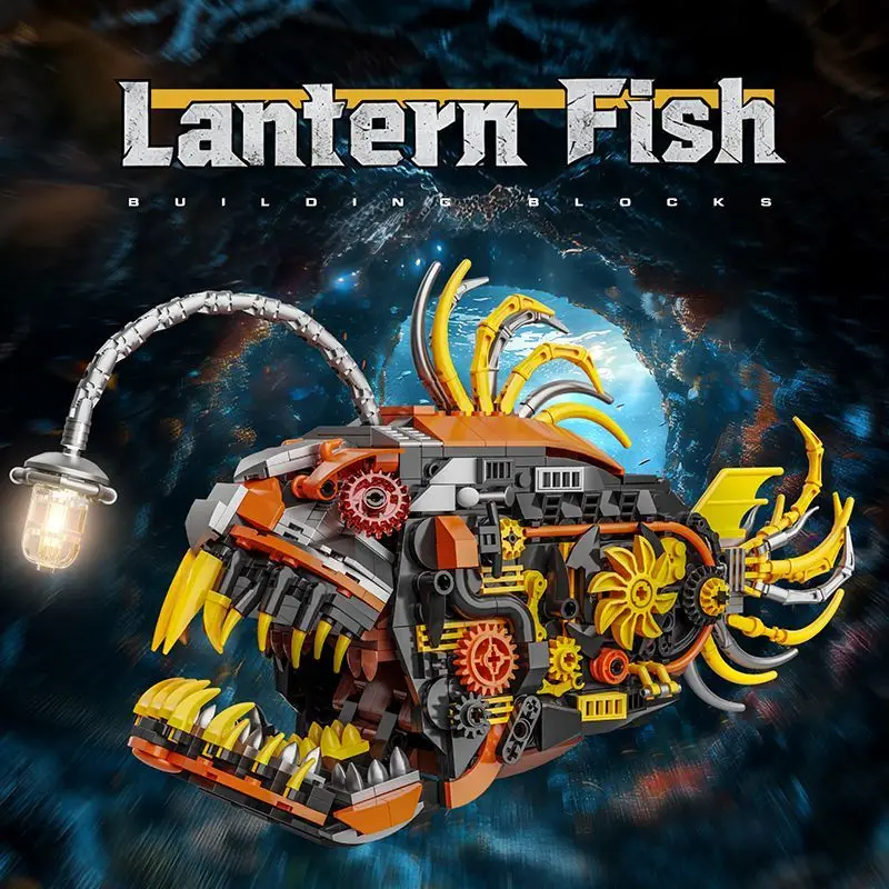 Mechanical lantern fish model building blocks with small particles for assembly and display as a toy or gift