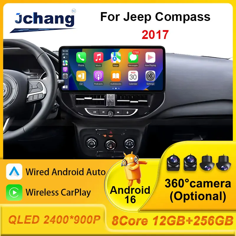 

Автомагнитола Android 16 для Jeep Compass 2017 с беспроводным CarPlay, Android Auto, GPS-навигацией, DSP, стерео, видео, аудио и мультимедийным плеером