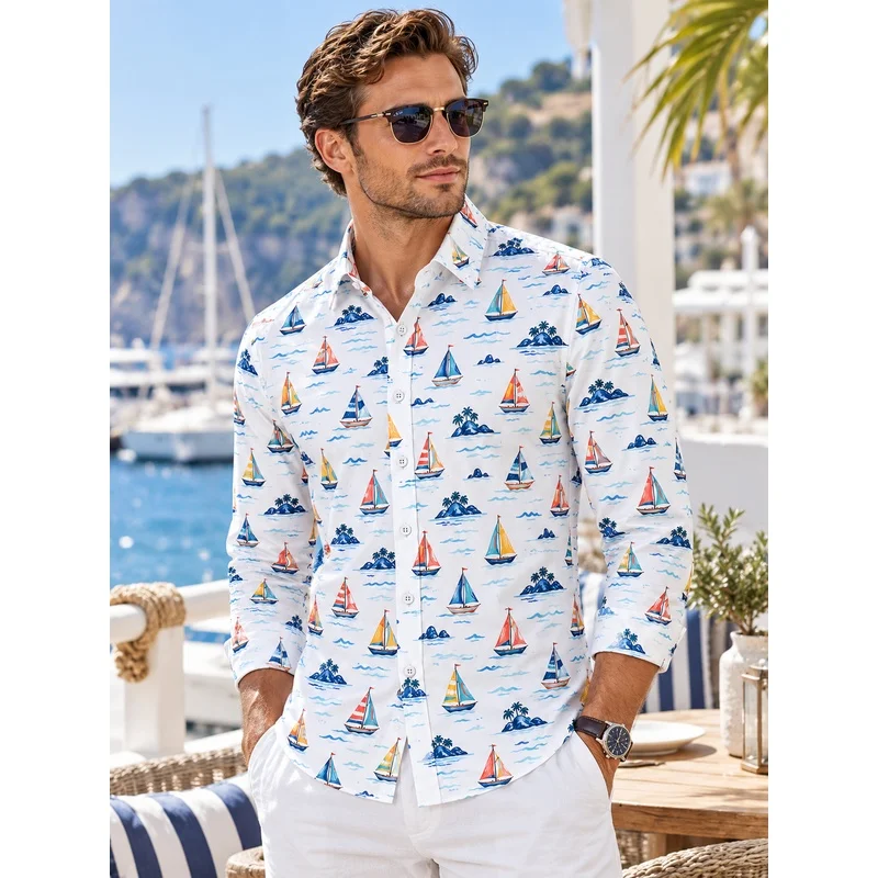 Men'S Resort-Style Printed Shirt - Autumn And Winter New Arrival - Random Print Shirt - Vacation And Travel-Themed Menswear
